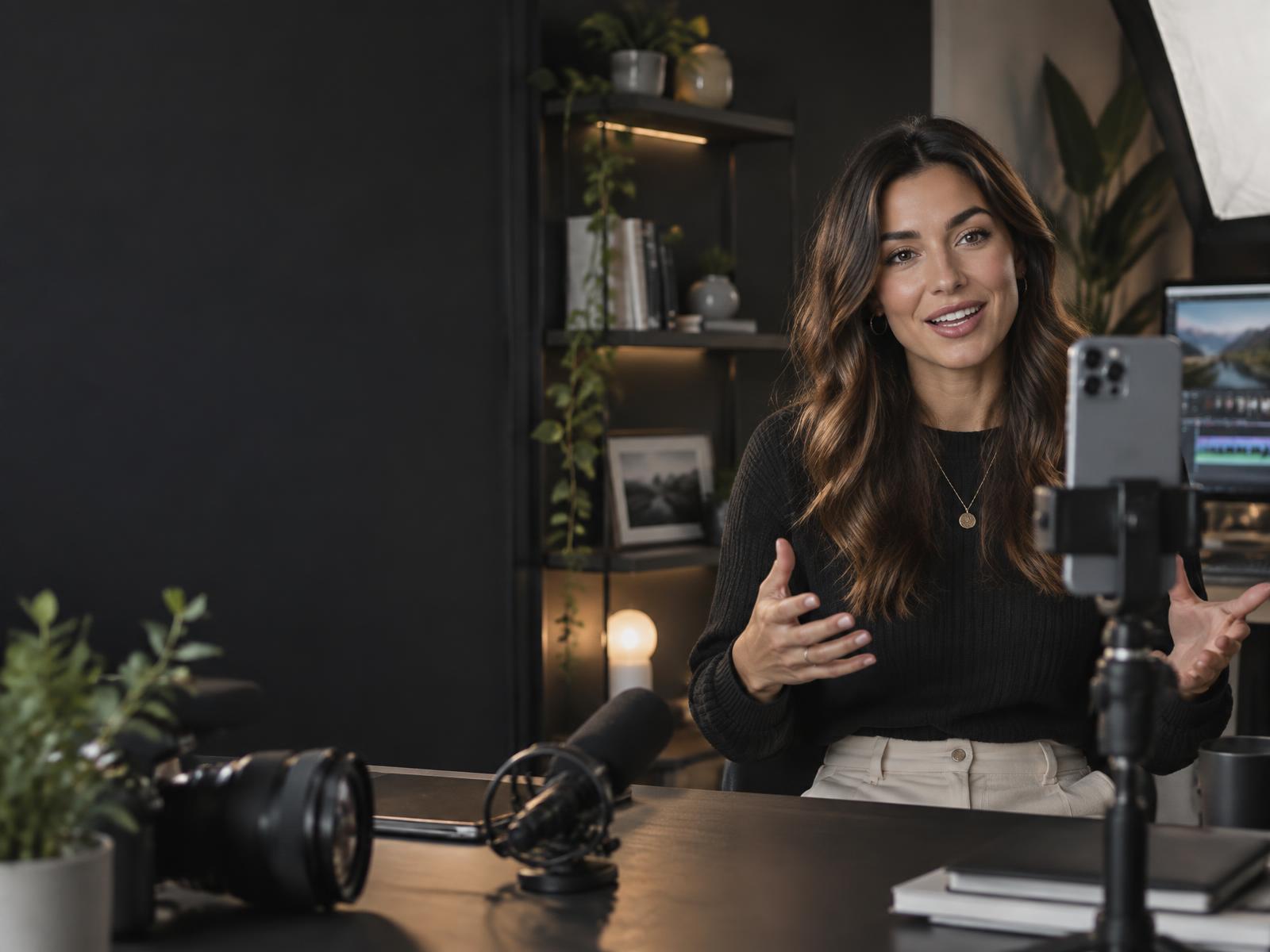 A digital creator filming educational content in her studio